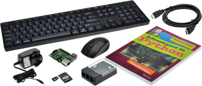 Photo of a Raspberry Pi in a Box Starter Kit: Adventures in Python.