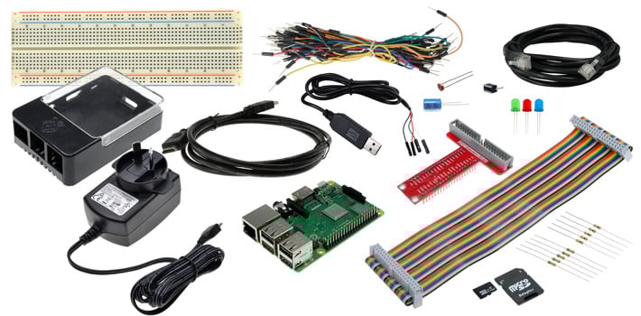 Photo of a GPIO Starter Pack with Raspberry Pi 3 Model B+.