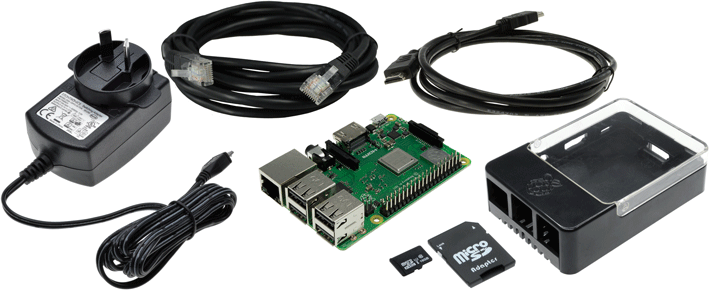 Photo of a Raspberry Pi 3 Model B+ Standard Starter Pack.
