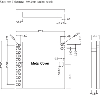 Technical illustration of a Dorji 433MHz 30dBm RF transceiver module, that is 17.3mm long, 17mm width and 2.6mm in height.
