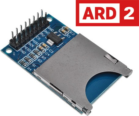 Photo of an ARD2 SD card reader module that is Arduino compatible.