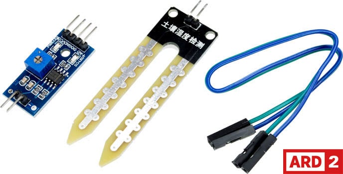 Photo of a soil moisture probe with a digital output controller that is Arduino-compatible.