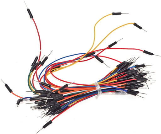 Photo of a 65 piece bundle of flexible male pin breadboarding wires.