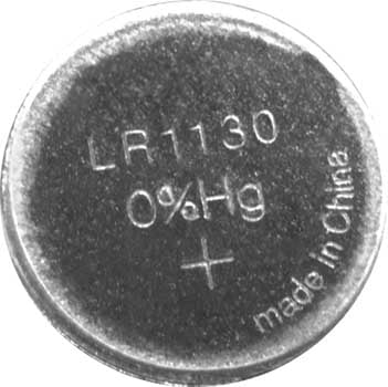 A photo of a 1.5 volt LR1130/189/LR54 alkaline button cell battery.