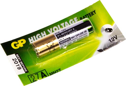 Photo of a 12 volt GP27A/L828 alkaline battery.