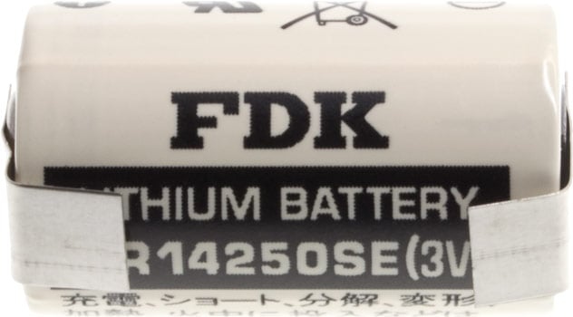 Photo of a CR14250SE 3V lithium battery with tags.
