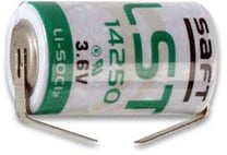 Photo of a 3.6 volt 1/2AA lithium battery with PCB solder tabs.