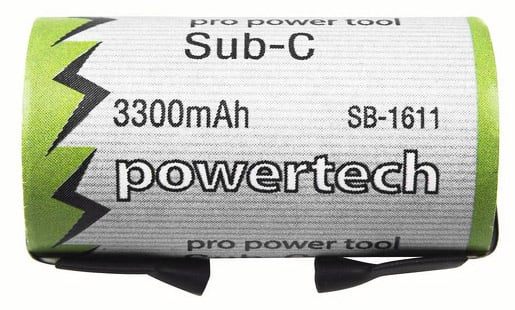 Photo of a Powertech brand 1.2V 220mAh high discharge Ni-Mh sub-C battery with tags.