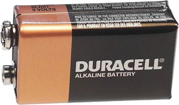 Photo of a Duracell 9V alkaline battery cell.