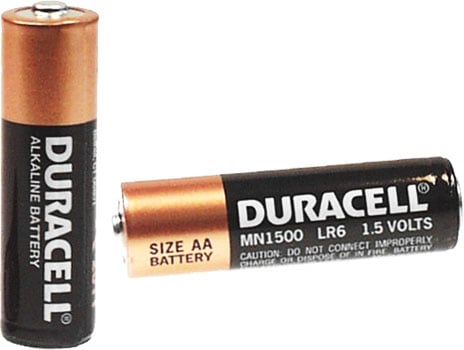 Photo of a Duracell AA alkaline battery cell.