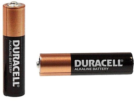 Photo of two Duracell AAA alkaline battery cells.