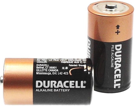Photo of two Duracell C alkaline batteries.