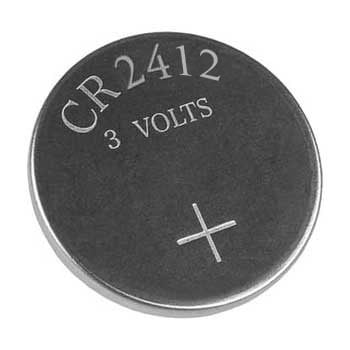 Photo of a CR2412 3V lithium coin cell battery.