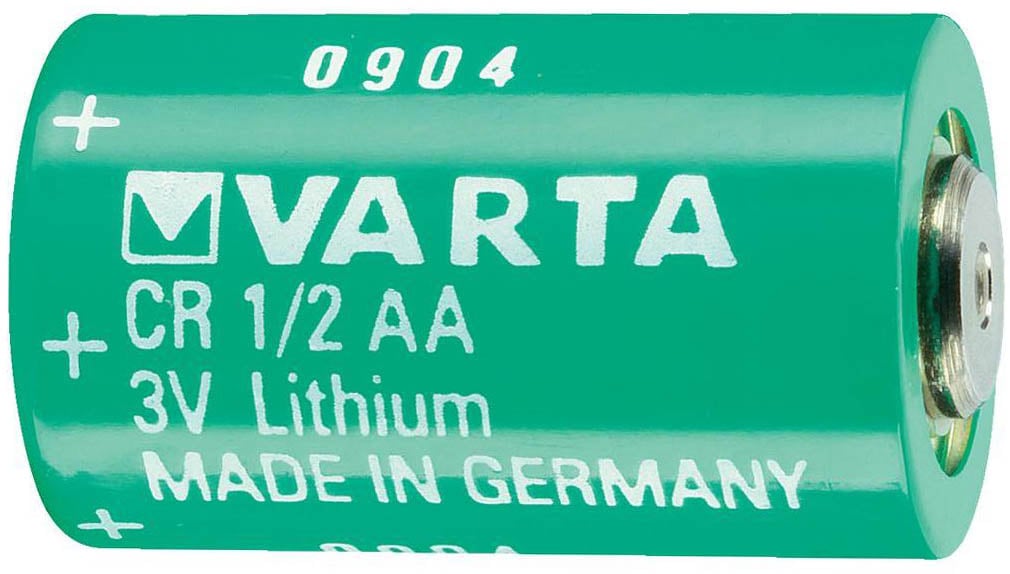 Photo of a 1/2AA CR6127 3V lithium battery.