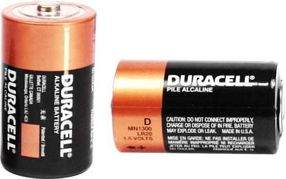 Photo of two Duracell D alkaline batteries.