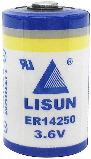 Photo of a Lisun brand 3.6V 1/2AA lithium battery.