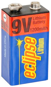 Photo of an Eclipse brand 9V 1200mAh lithium battery.