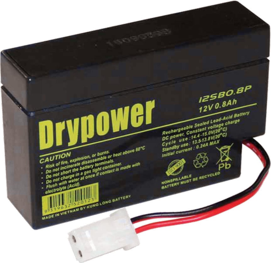 Photo of a Drypower 12V 0.8Ah sealed lead acid (SLA) battery.