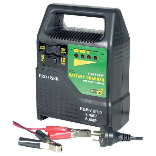 Photo of a 6 volt and 12 volt, 8 amp heavy duty car battery charger with trickle charge.