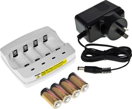 Photo of rechargeable RCR123A batteries and charger.