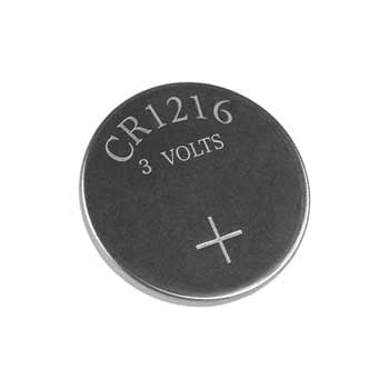 Photo of a CR1216 lithium battery.