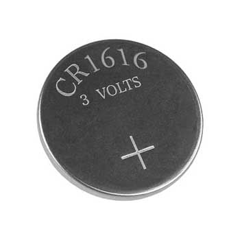 Photo of a CR1616 lithium battery.