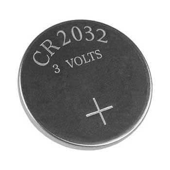 Photo of a CR2032 lithium battery.