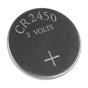 Photo of a CR2450 lithium battery.