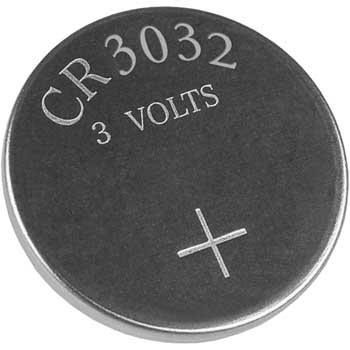 Photo of a CR3032 lithium battery.