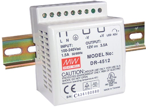 Photo of a Meanwell DR-45-12 model power supply.