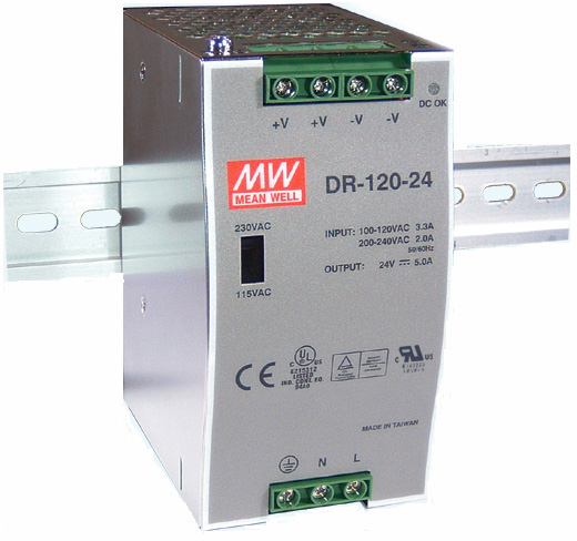 Photo of a Meanwell DR-120-24 model power supply.