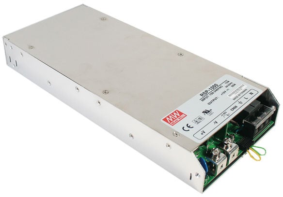 Photo of a Meanwell RSP-1000-12 model open frame power supply.