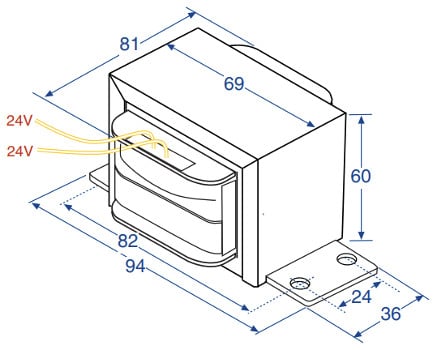 24V 72VA 3A - Single Winding - Type 2158L Transformer Dimensions