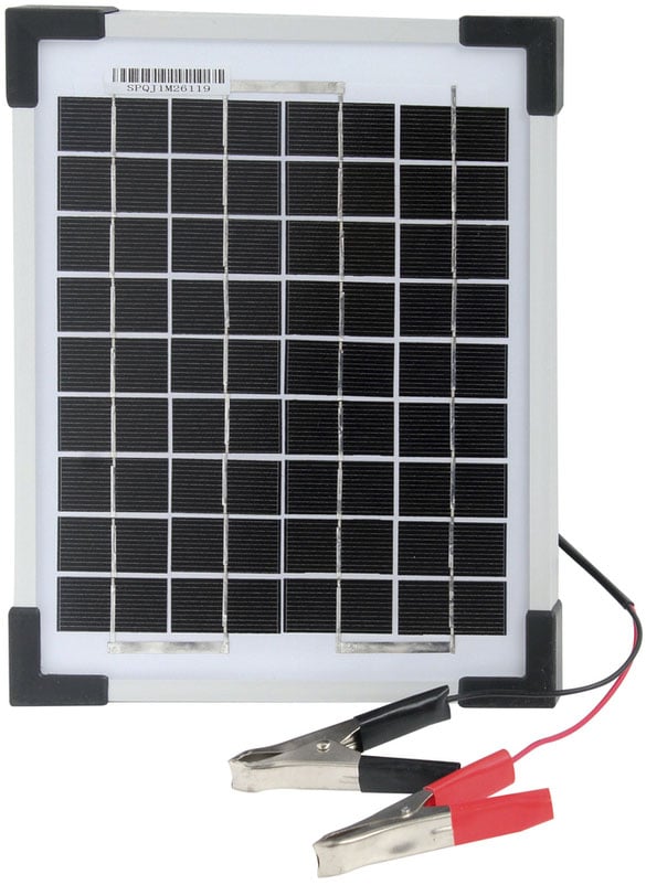 Photo of a 12 volt 5 watt monocrystalline solar panel that is 295mm wide and 255mm tall.