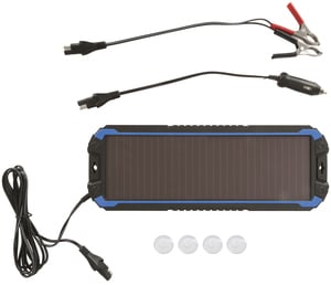 Photo of a 12V 1.5W solar trickle charger, taken from the front.