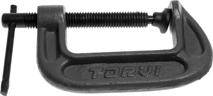 Photo of a G clamp with a 50mm opening, taken from the side.