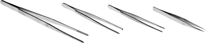 Photo of a set of 4 stainless steel forceps.