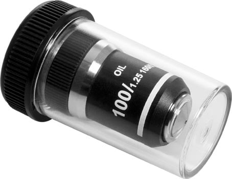 Photo of a DN45 100x (S, oil) achromatic objective for microscopes, taken on an angle.
