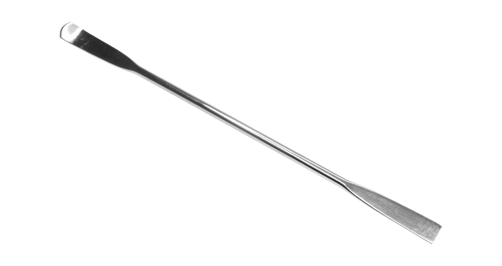 Photo of a stainless steel spatula with a chataways end that is 150mm long.