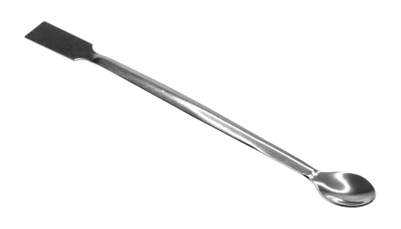 Photo of a 150mm long stainless steel spatula with a spoon/shovel end.