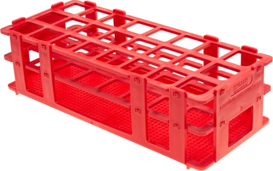 Photo of a test tube rack that can hold 24 25mm diameter test tubes.