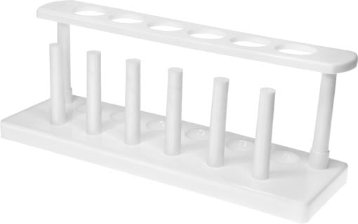 Photo of a test tube rack that has 6 25mm holes and 6 pegs.