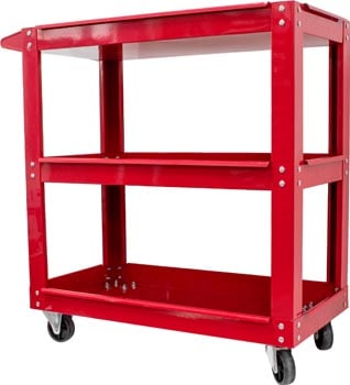 Photo of a red three tier red tool trolley with a 100 kilogram capacity.