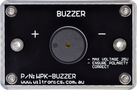 Buzzer. Max voltage 25V. Ensure polarity correct. P/N: WPK-BUZZER. www.wiltronics.com.au