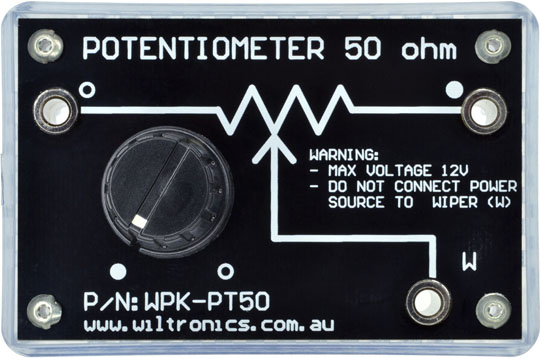 Potentiometer 50 Ohm. Warning: Max. voltage 12V. Do not connect power source to wiper (W). P/N: WPK-PT50. www.wiltronics.com.au
