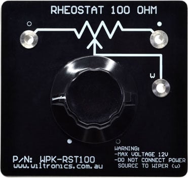 Rheostat 100 Ohm. Warning: Max voltage 12V. Do not connect power source to wiper (W). P/N: WPK-RST100. www.wiltronics.com.au