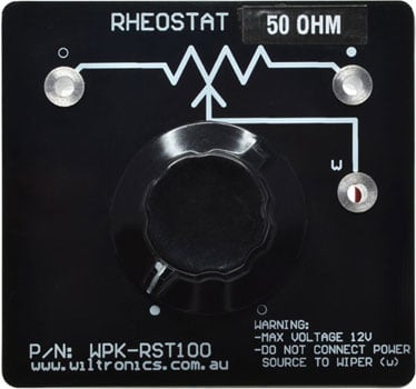 Rheostat 50 Ohm. Warning: Max voltage 12V. Do not connect power source to wiper (W). P/N: WPK-RST50. www.wiltronics.com.au