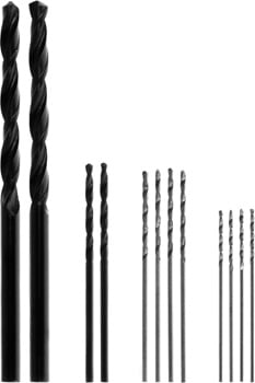 Photo of a pack of 12 drill bits: 2 3.5mm, 2 1.5mm, 4 1mm and 4 0.8mm.