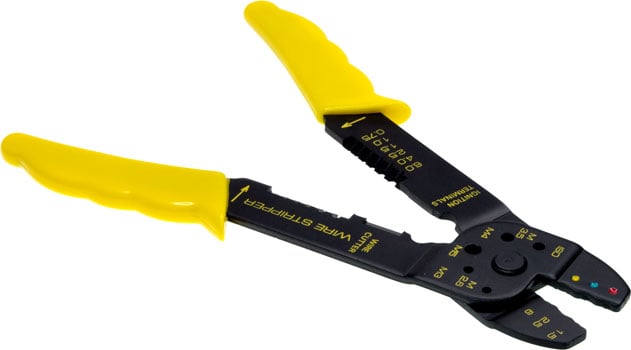 Photo of an insulated terminal crimp tool that is open.