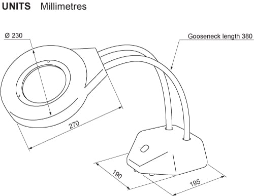 Technical illustration showing the dimensions of a standard maggylamp.